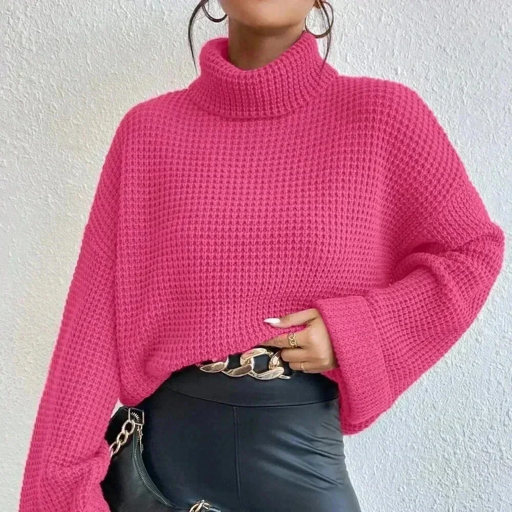 Hot Pink Casual Women's Loose Fit Turtleneck Drop Shoulder Sweater
